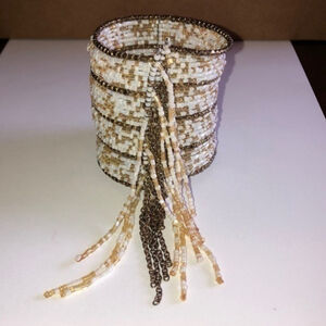 Vintage White & Gold Tone Seed Bead Beaded Wide Wrap Tassel Fringe Bracelet